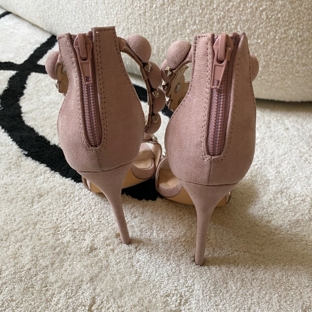 **SALE** Olivia Ferguson Embellished Suede Mauve-Pink Ankle Strap Heels - Picture 3 of 4